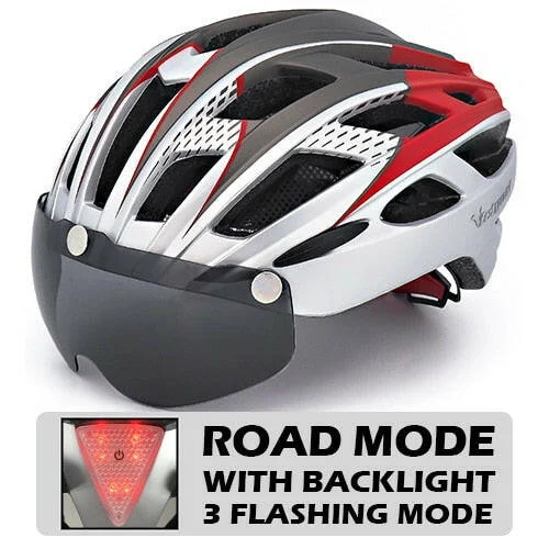 bicycle gear improvement-VICTGOAL Cycling Helmet for Men Magnetic Goggles Lens Sun Visor Rear LED Tail Light Bicycle Safety Scooter MTB Road Bike Helmets