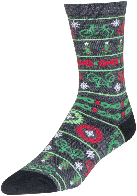 bicycle pad versatility-SockGuy Wool Ride Merry Crew Socks - 6" Gray/Red/Green Large/X-Large