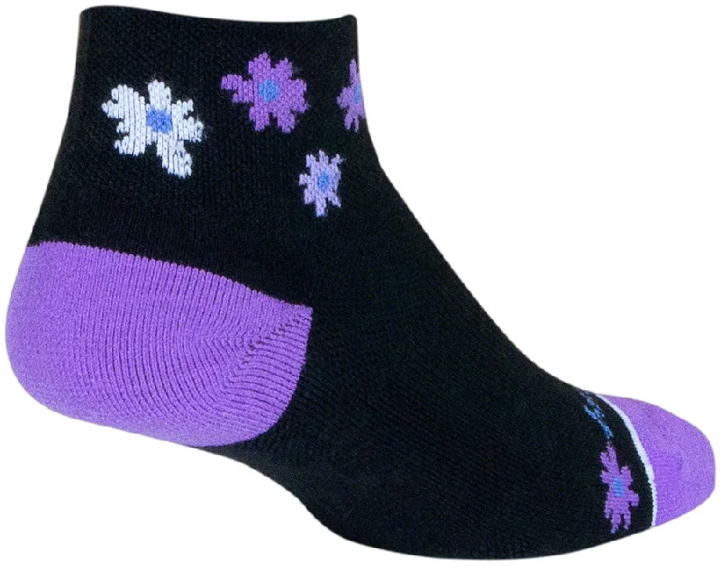 bicycle shoe toughness-SockGuy Channel Air Daisy Classic Low Socks - 2" BLK/Purple Womens Small/Medium