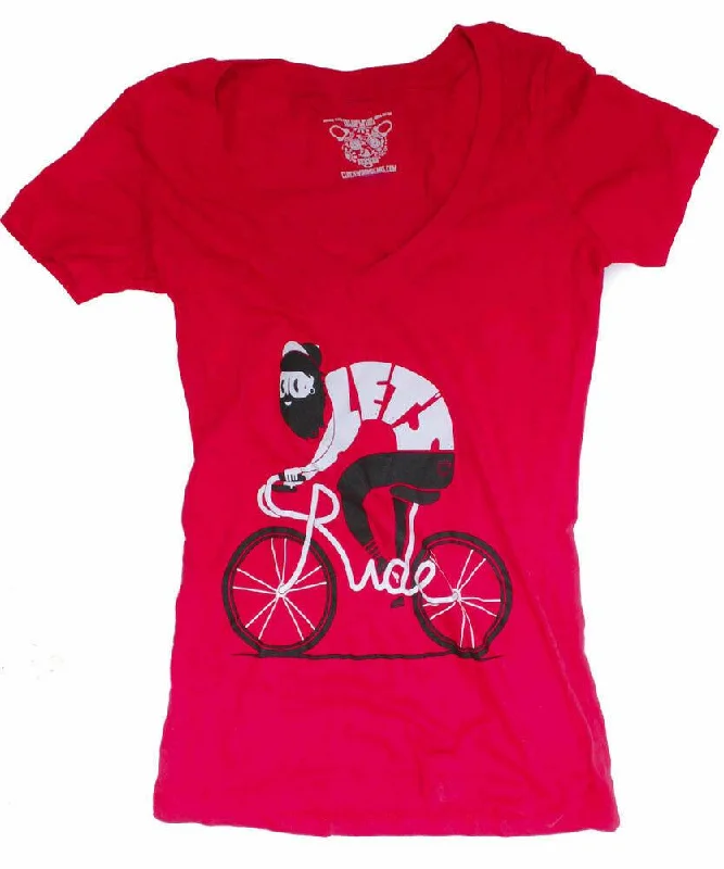 bicycle cleaner durability-CLOCKWORK GEARS LET'S RIDE Women's Lg T-Shirt Short Sleeve Red V-Neck Cotton NEW