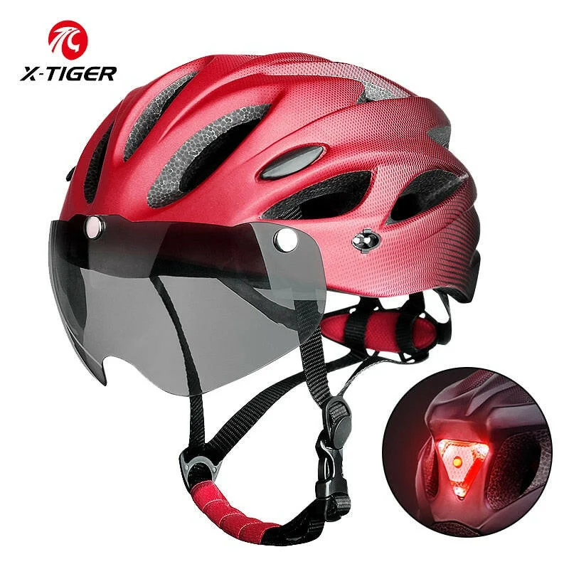 bicycle rotor tuning-X-TIGER Adult Bike Helmet with LED Rear Light Dual Mode Goggle Cycling Helmet Fit 58-62cm Lightweight Breathable Bicycle Helmets